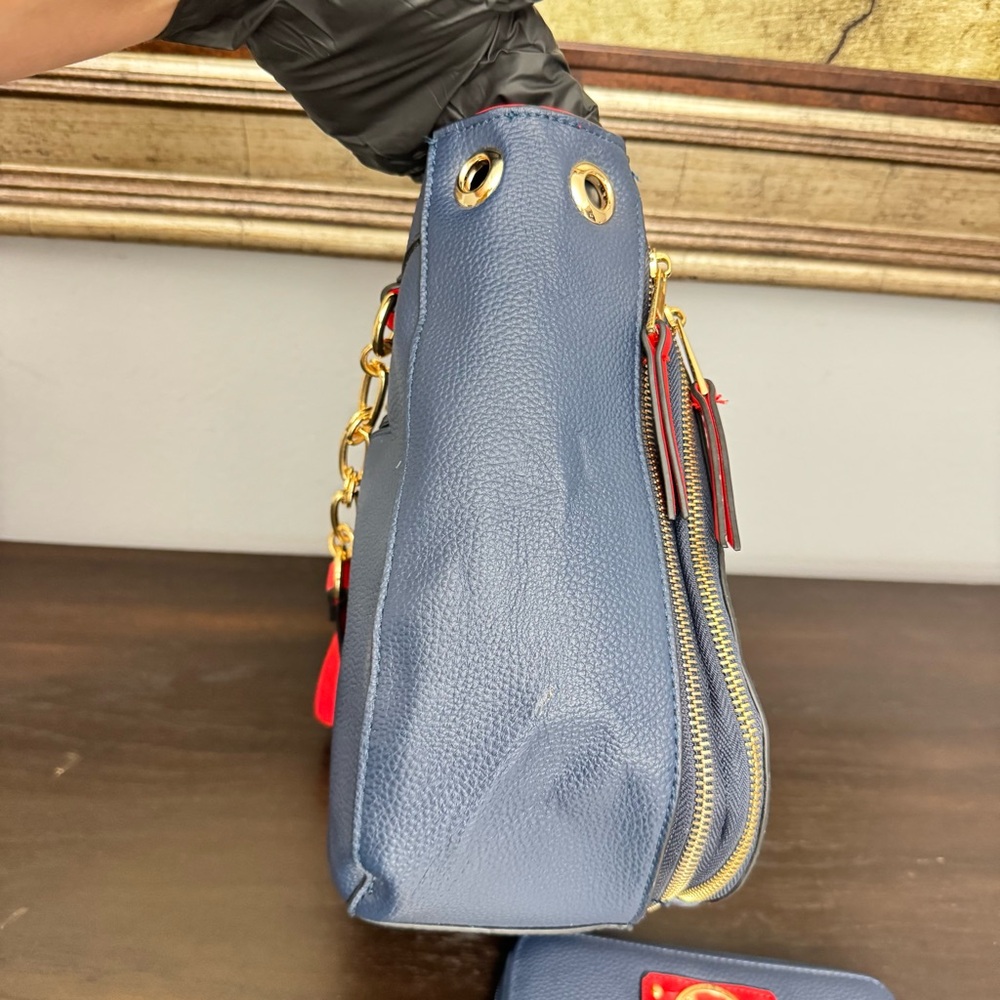 MKF Collection Blue Red Chain Shoulder Bag with Matching Wristlet - Picture 4 of 12